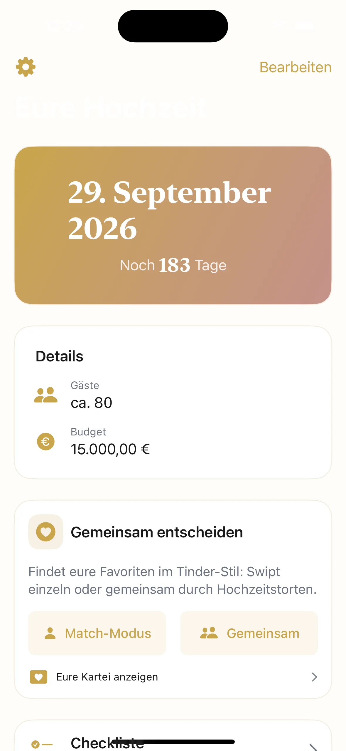 Ringum App — Dashboard mit Hochzeitsdatum, Countdown und Gästeverwaltung