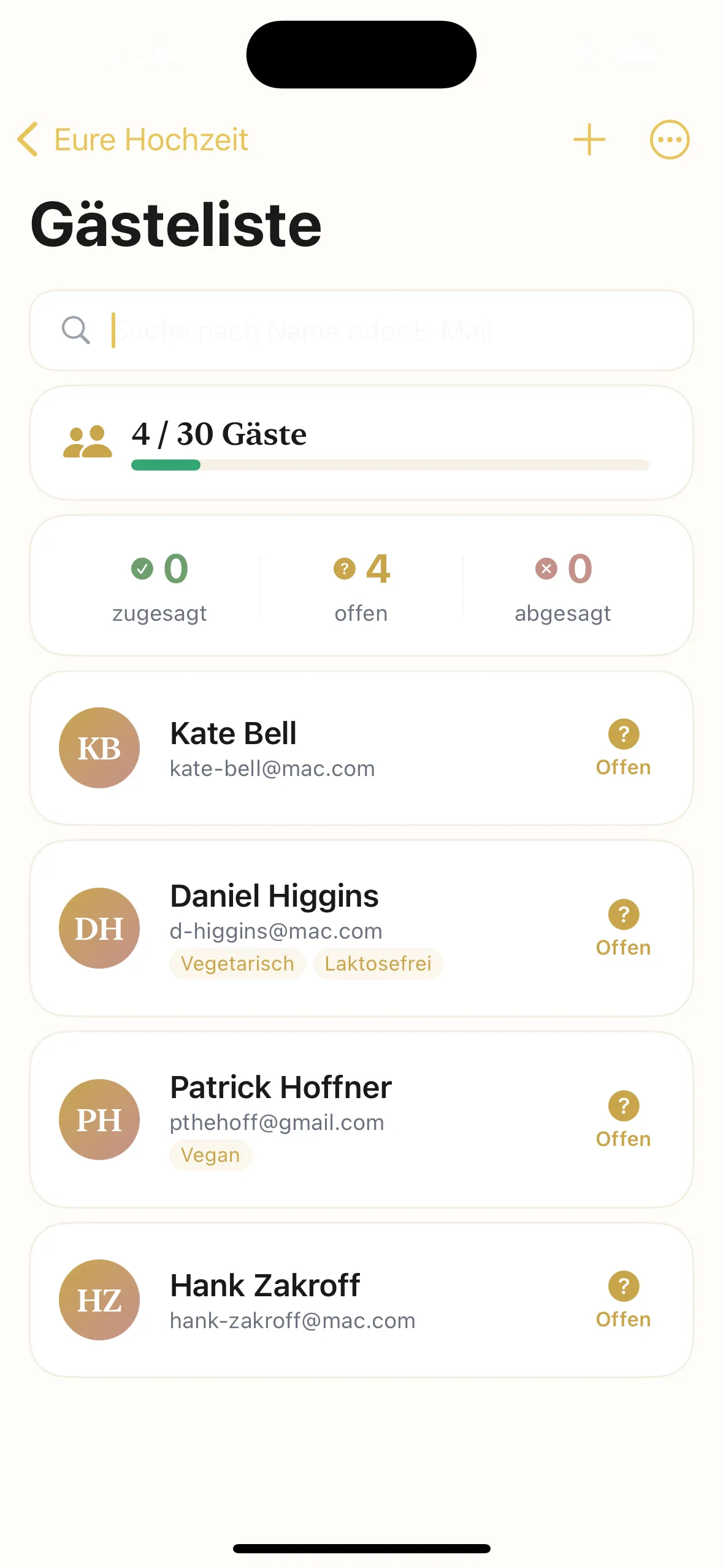 Ringum App — Gästeliste mit RSVP-Status und Ernährungswünschen